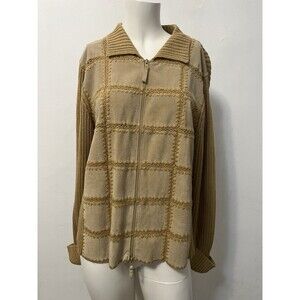 Vintage 90s Leather Patchwork Sweater M Full Zip Brown Boho Western Rustic Ranch